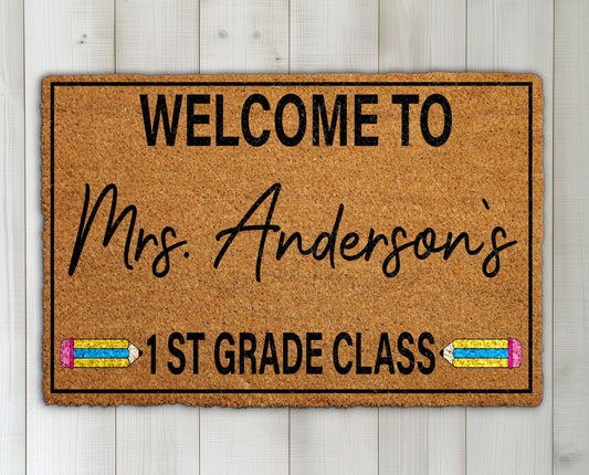 Personalized Teacher Doormat, Custom First Grade Classroom Welcome Mat