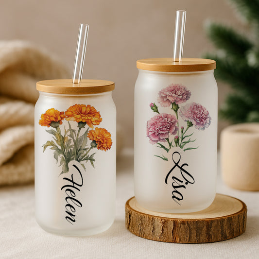 Personalized Birth Flowers Glass Tumbler, Birthday Gift Bamboo Lid