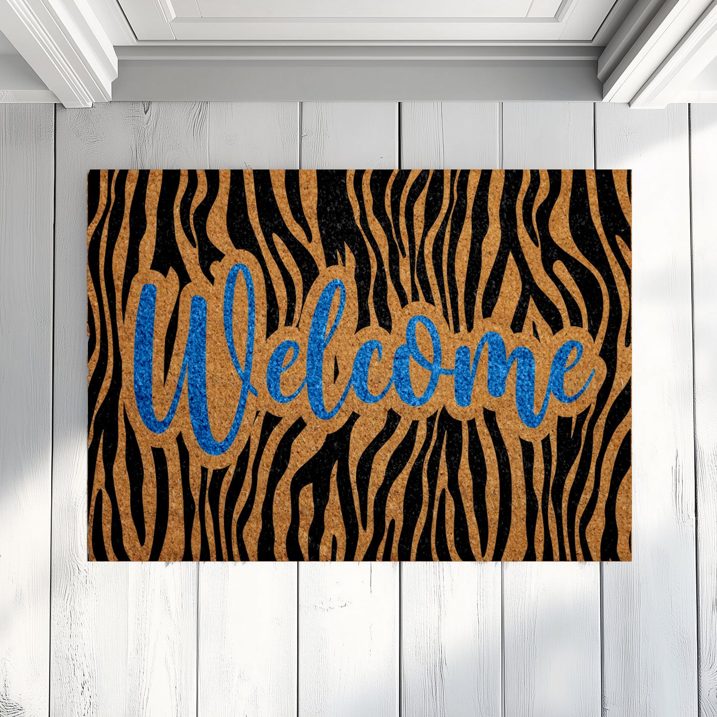 Blue Lettering Zebra Print Welcome Doormat, Eclectic Porch Decor
