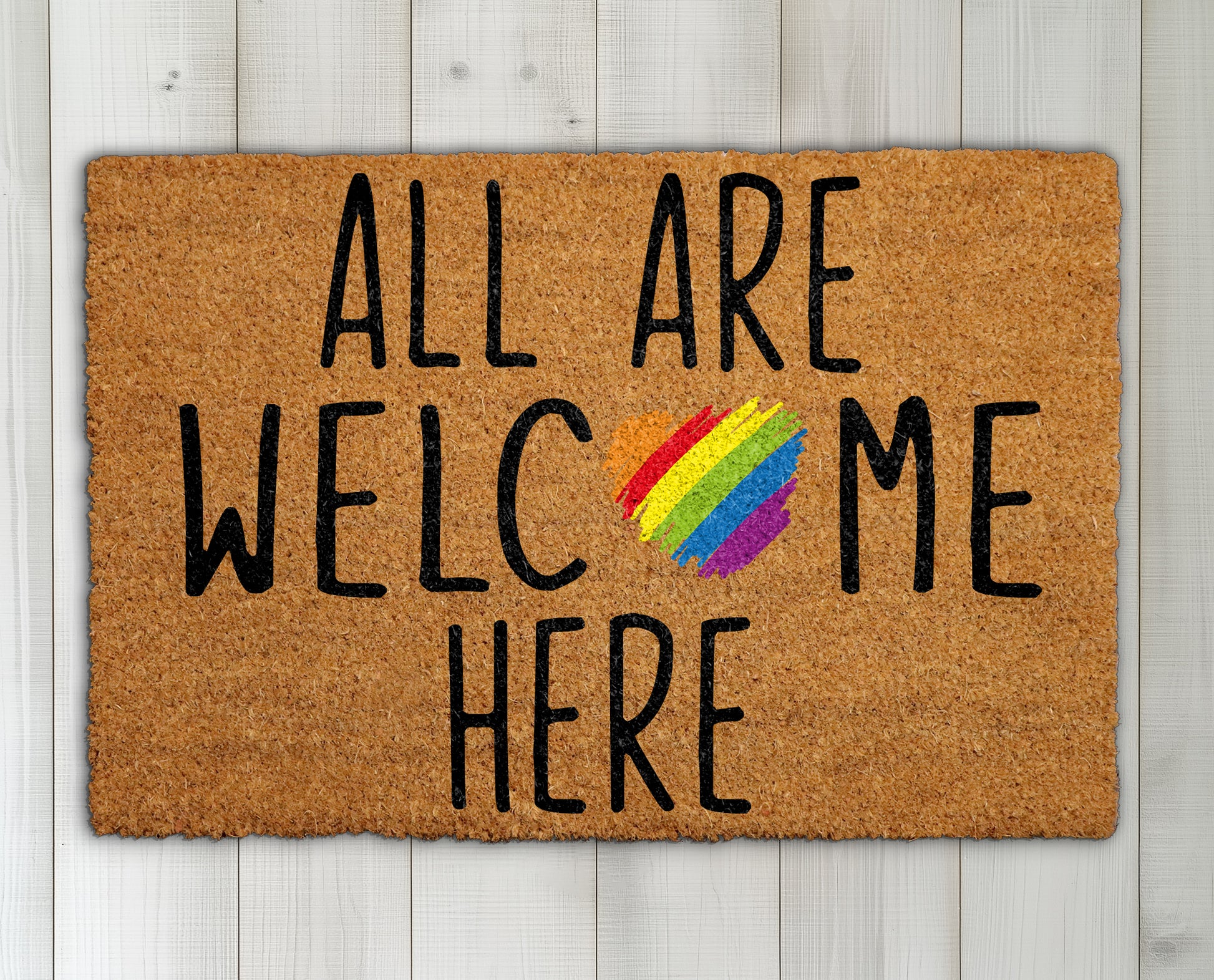 Rainbow Heart Coir Doormat – Welcome All with Kindness