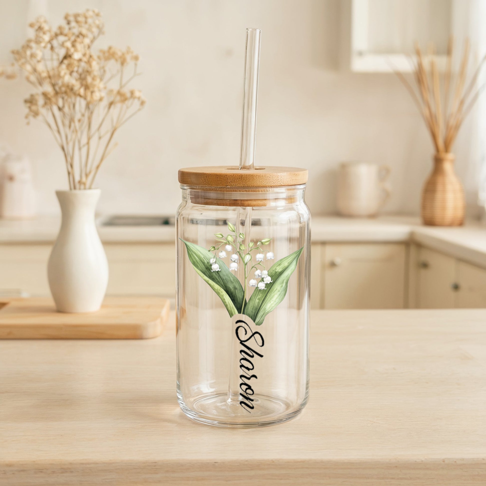 Personalized Birth Flowers Glass Tumbler, Birthday Gift Bamboo Lid