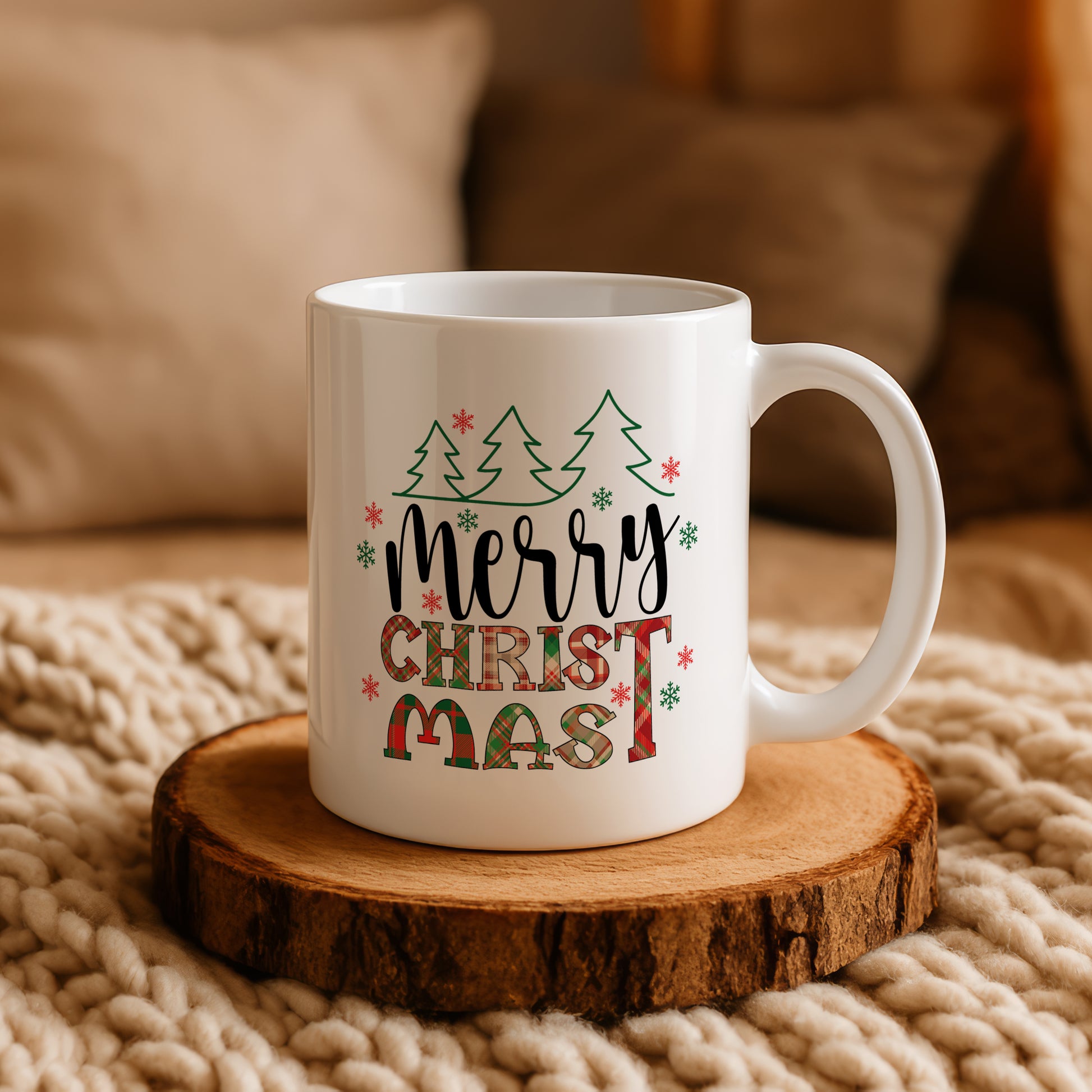 Plaid Pattern Merry Christmas Coffee Mug, Rustic Xmas Office Cup