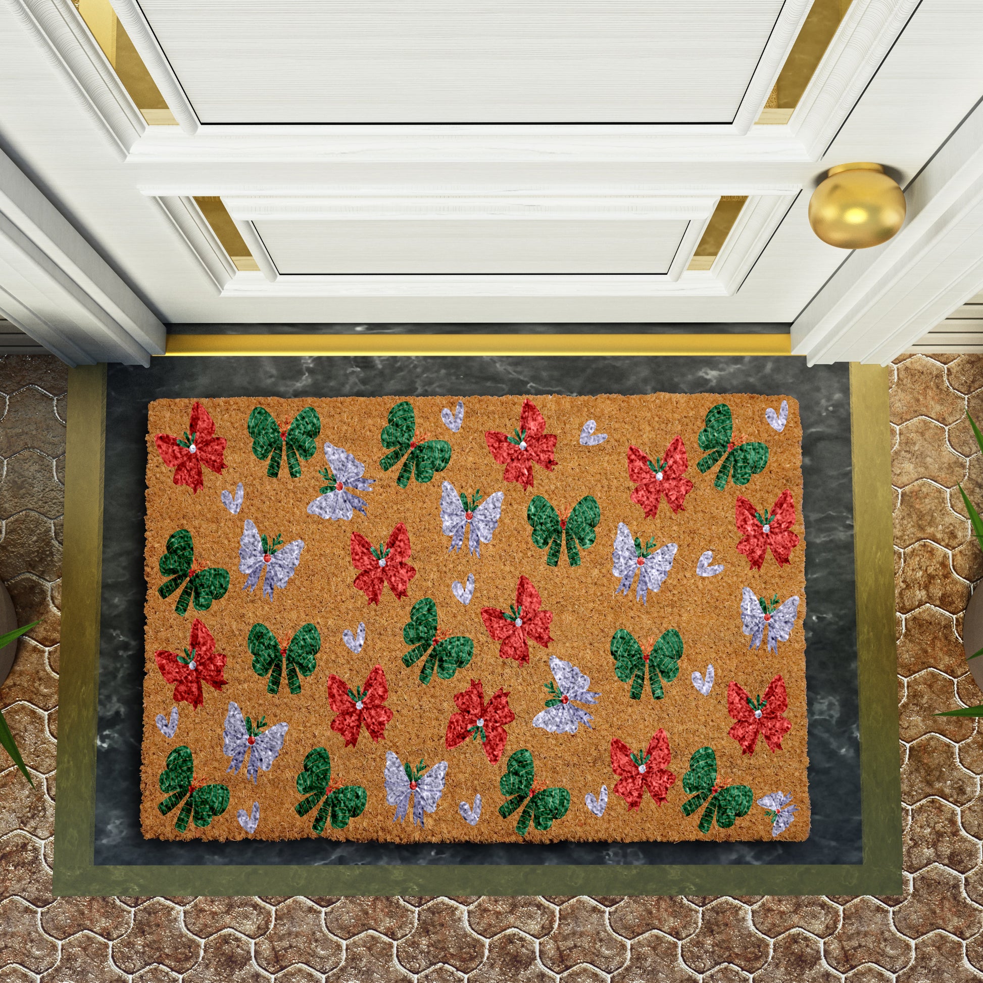 Festive Holiday Doormat with Christmas Wreath Bows and Ribbon