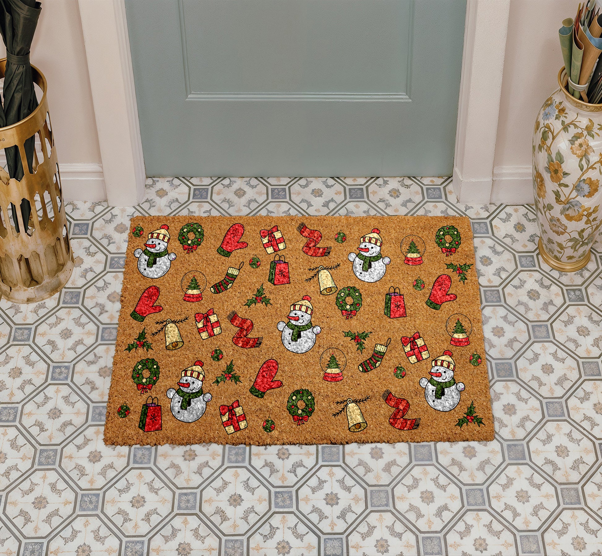 Winter Wonderland: Festive Snowman & Holiday Pattern Coir Doormat, Housewarming Gift
