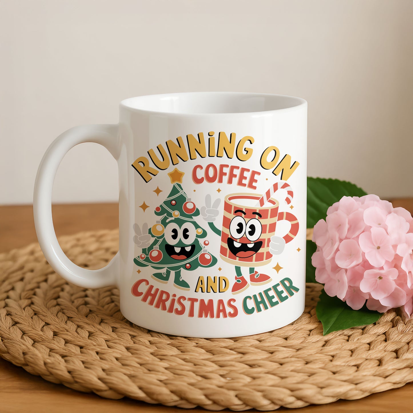Christmas Cheer Ceramic Mug, Running On Coffee, Funny Festive Cup