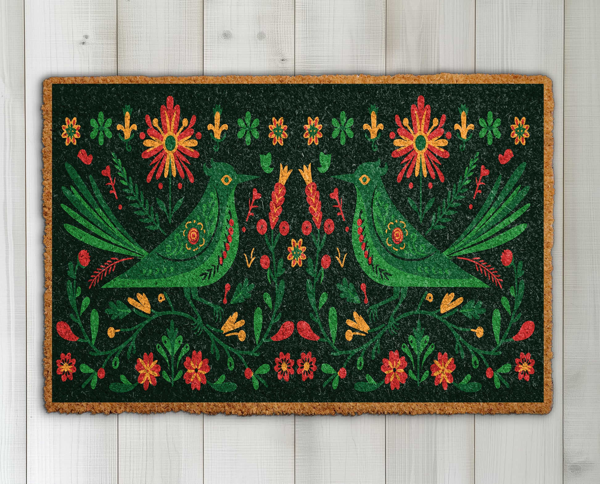 Nature-Inspired Birds and Flowers Coir Doormat, Perfect for Front Entry