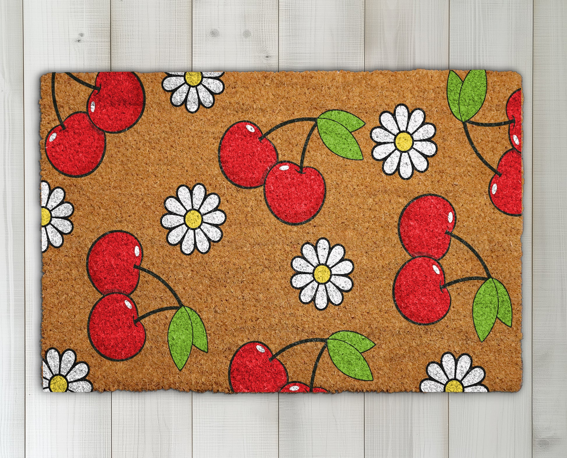 Cherry & Daisy Doormat: Sweet Summer Welcome, Unique Spring Decor
