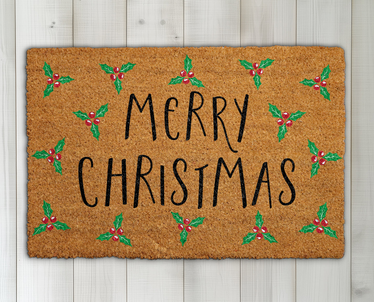 Festive Holly Berries Doormat, Winter Welcome Rug, Housewarming Decor