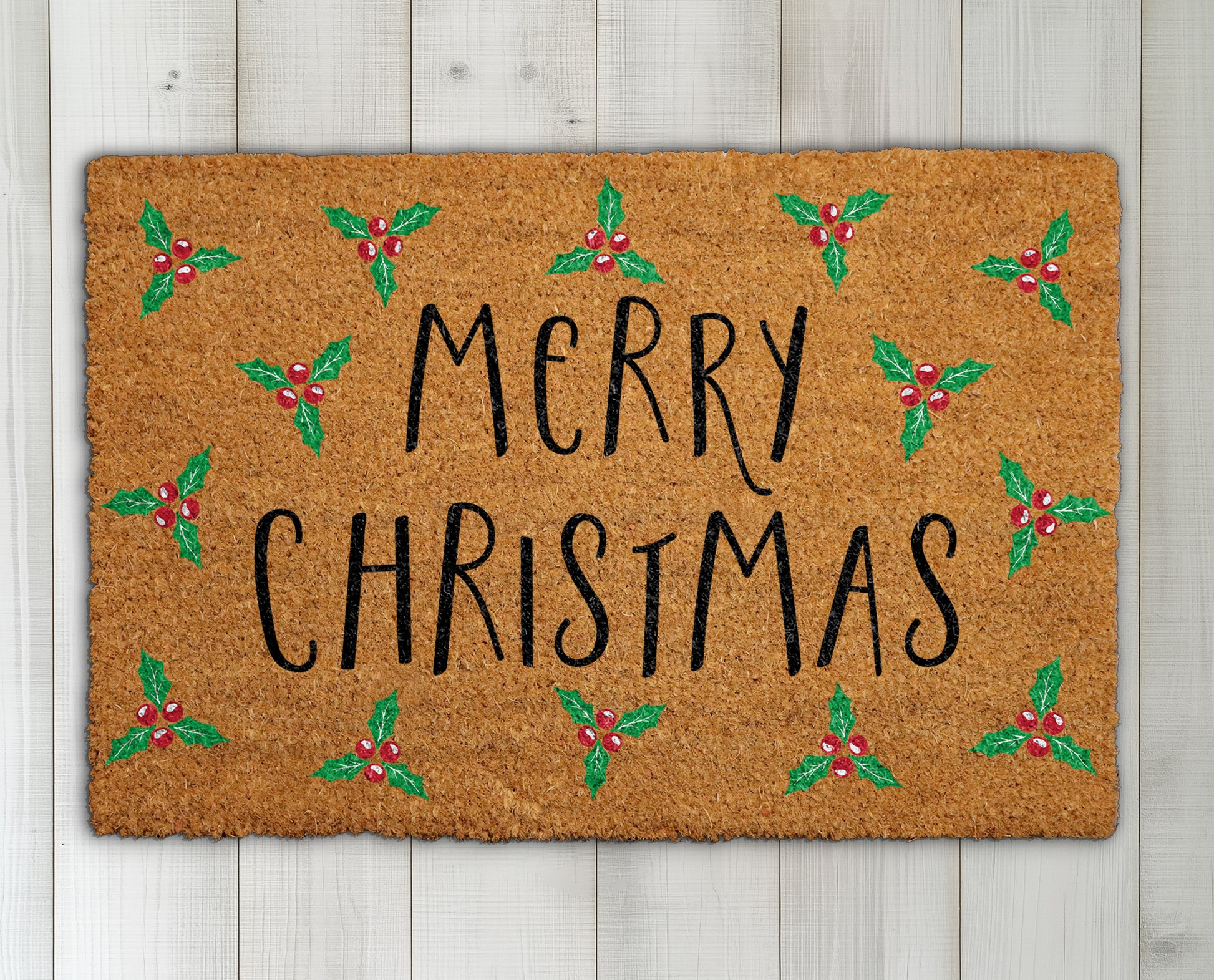 Festive Holly Berries Doormat, Winter Welcome Rug, Housewarming Decor