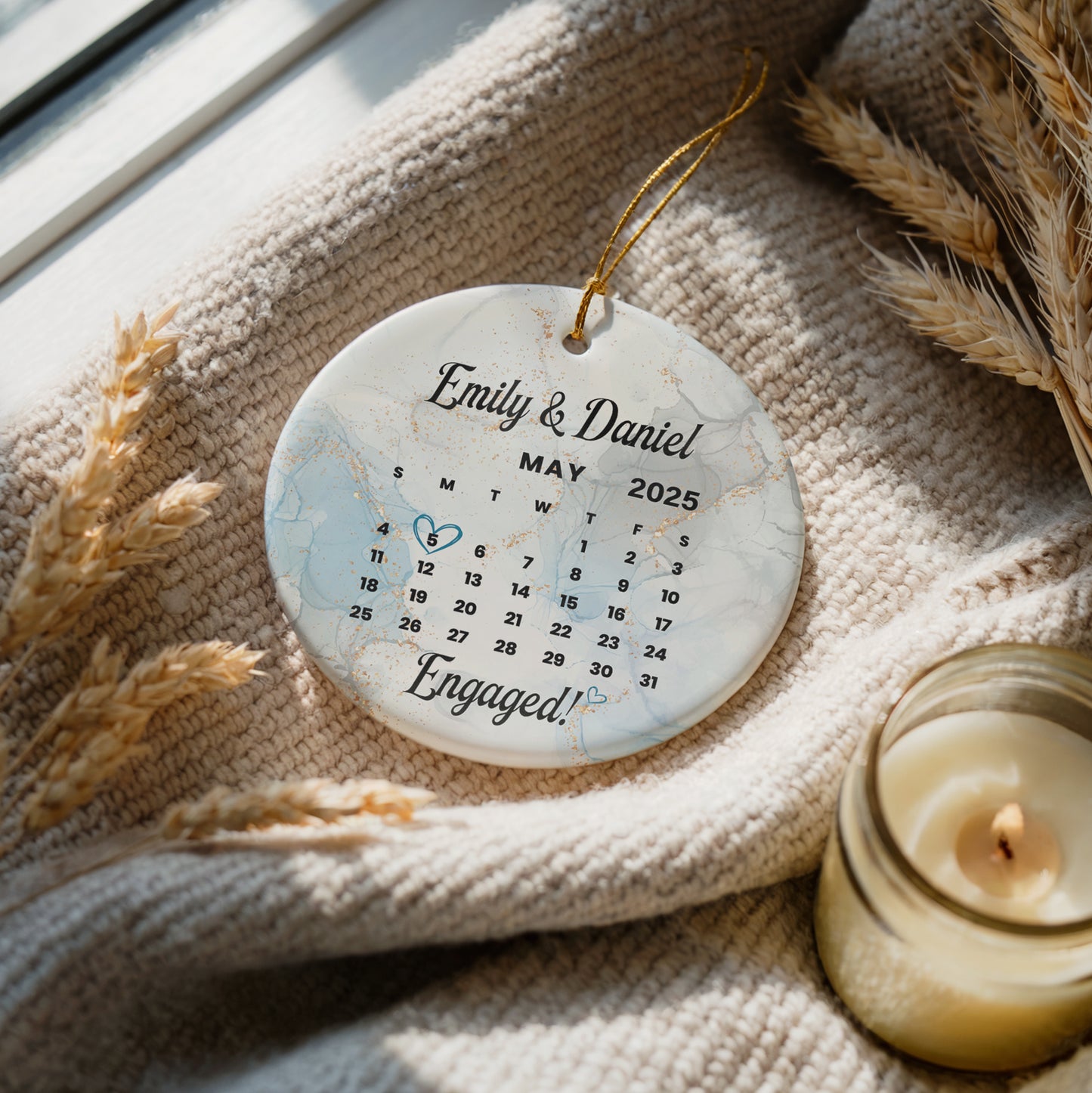 Marble Design Engaged Ornament, Personalized Calendar Theme Engagement Keepsake