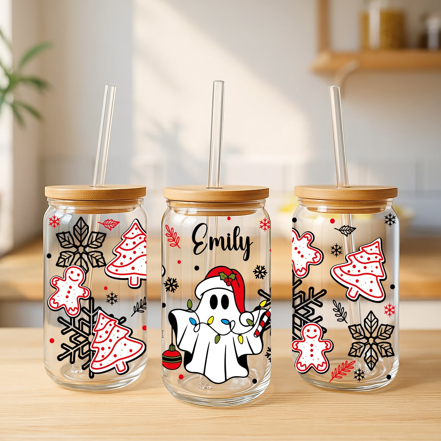 Gingerbread & Snowflake Pattern Can Glass Tumbler, Personalized Holiday Favors