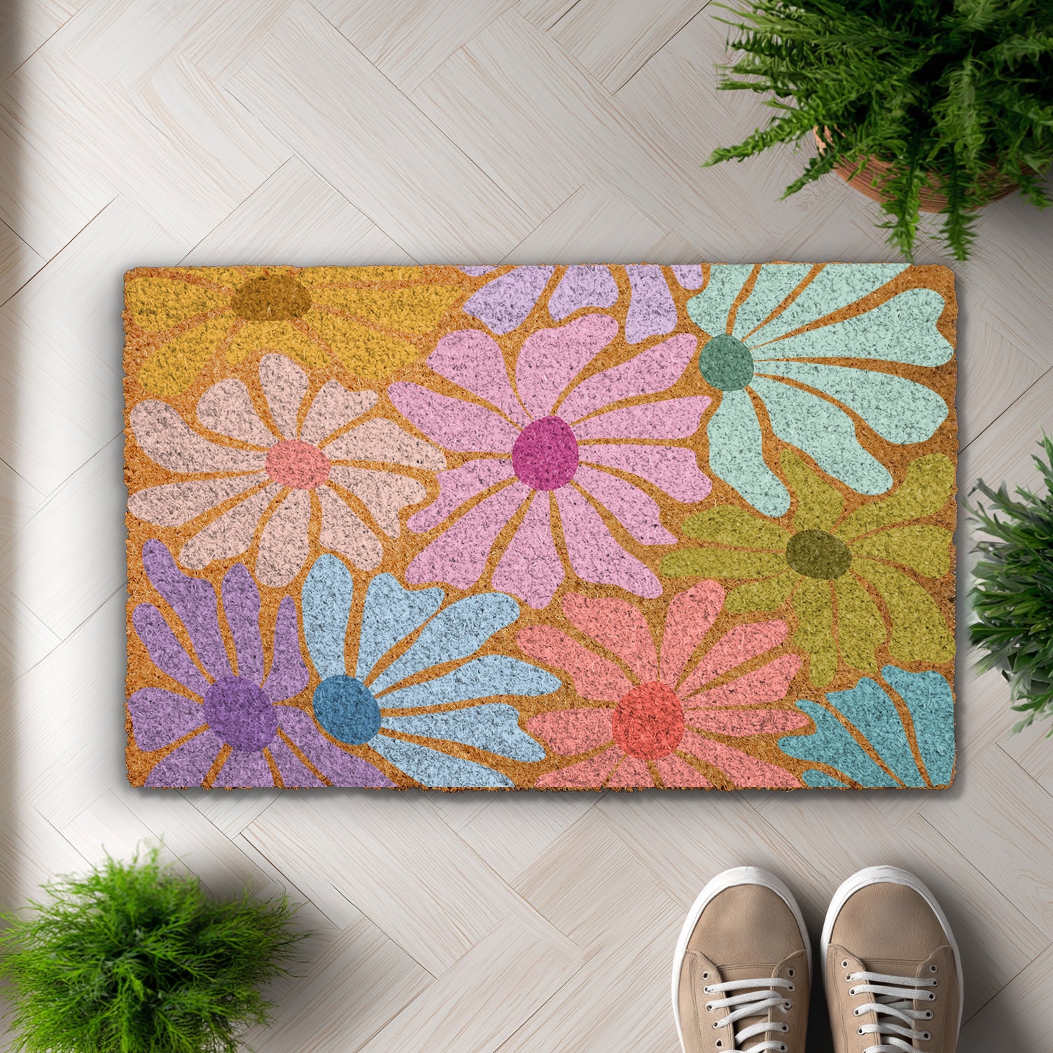 Boho Floral Coco Doormat, Groovy Summer Garden Welcome Mat