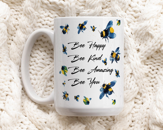 Bee Happy, Bee Kind - Watercolor Bee Quote Ceramic Mug
