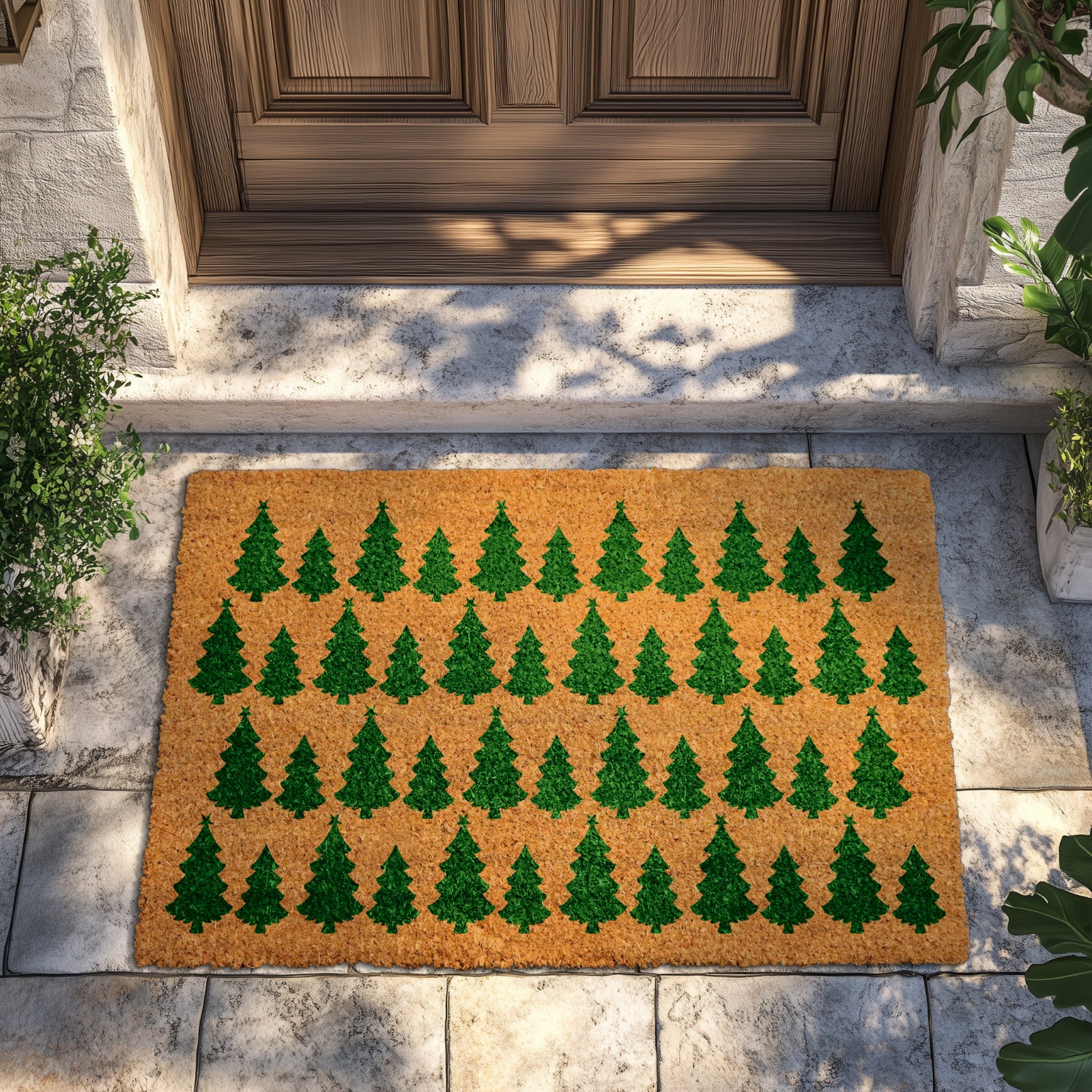 Festive Xmas Tree Welcome Mat, Winter Holiday Front Porch Decor