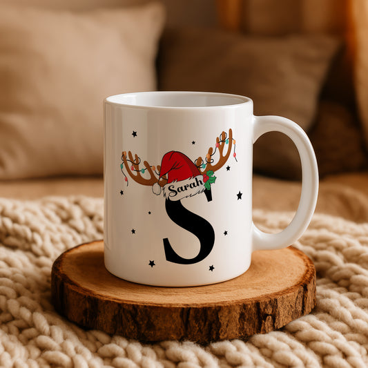Personalized Santa Hat Christmas Mug, Monogrammed Xmas Cup, Festive Gift