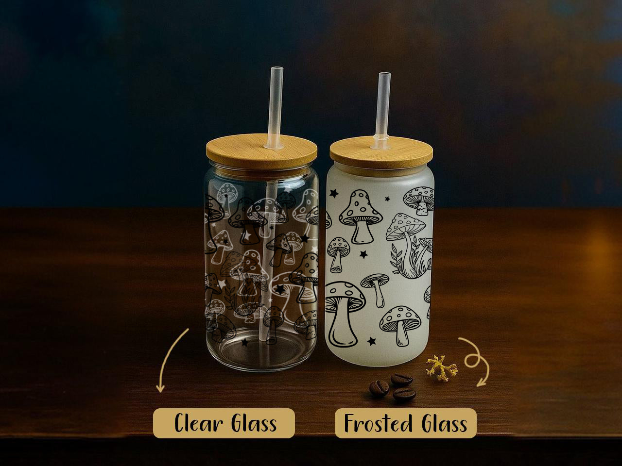 Botanic Smoothie Cup, Aesthetic Glass Tumbler with Mushroom-Inspired Design
