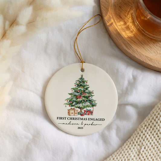 Personalized First Christmas Engaged Ornament, Ceramic Couple Keepsake, Engagement Gift
