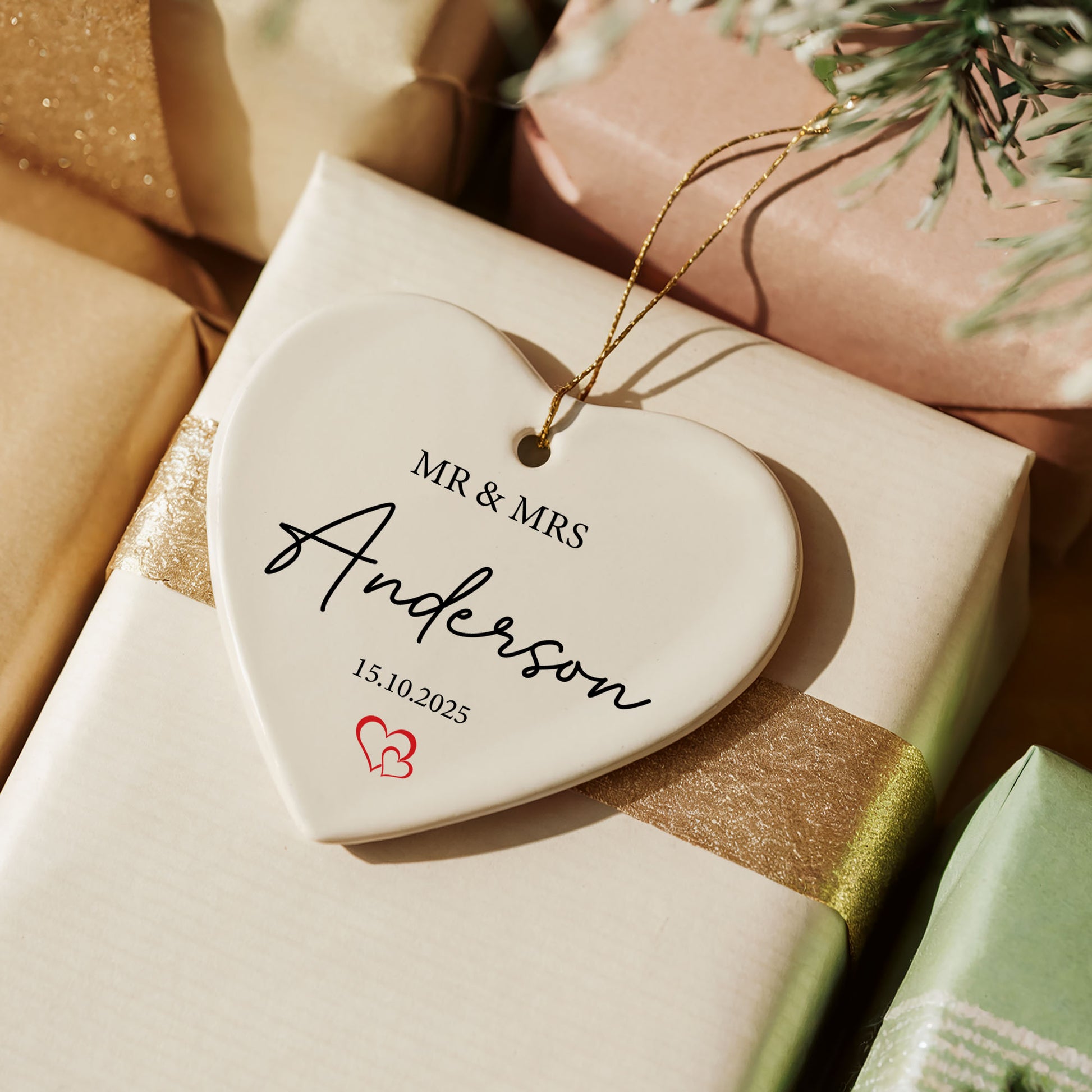 Personalized Heart Ceramic Ornament, Wedding Anniversary Love Keepsake, Custom Bridal Gift