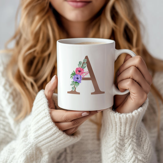 Elegant Custom Floral Initials Coffee Mug, Monogrammed Ceramic Tea Cup