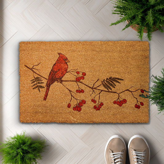 Cheerful Red Cardinal Doormat, Festive Holiday Housewarming Gift for Bird Lovers.