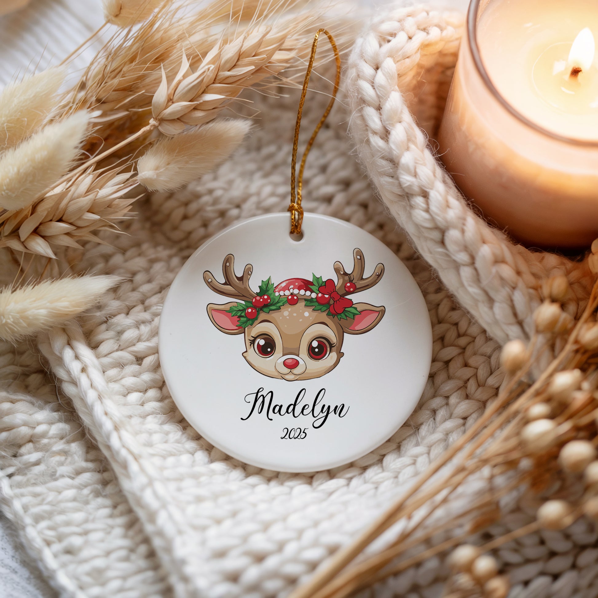 Personalized Reindeer Theme Baby Girl Ornament, Ceramic Keepsake Hanging Decoration