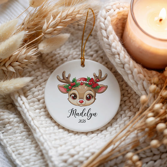 Personalized Reindeer Theme Baby Girl Ornament, Ceramic Keepsake Hanging Decoration
