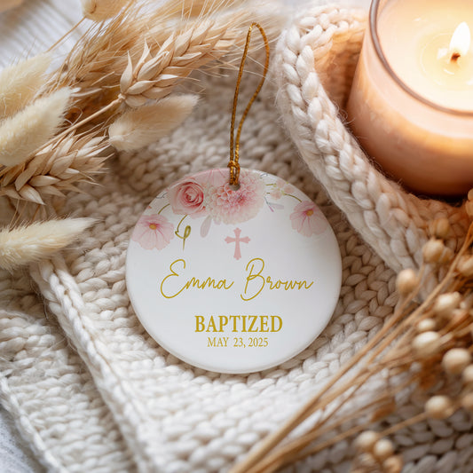 Custom Floral Cross Ornament, Elegant Christening Ceremony Keepsake, Ceramic Decor