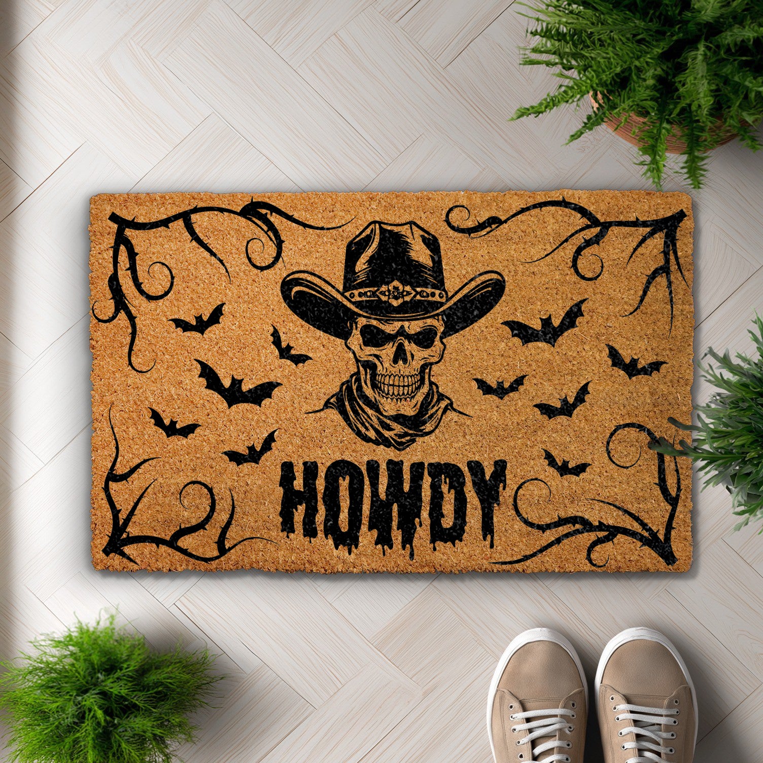 Gothic Cowboy Doormat, Spooky Western Halloween Farmhouse Welcome Rug