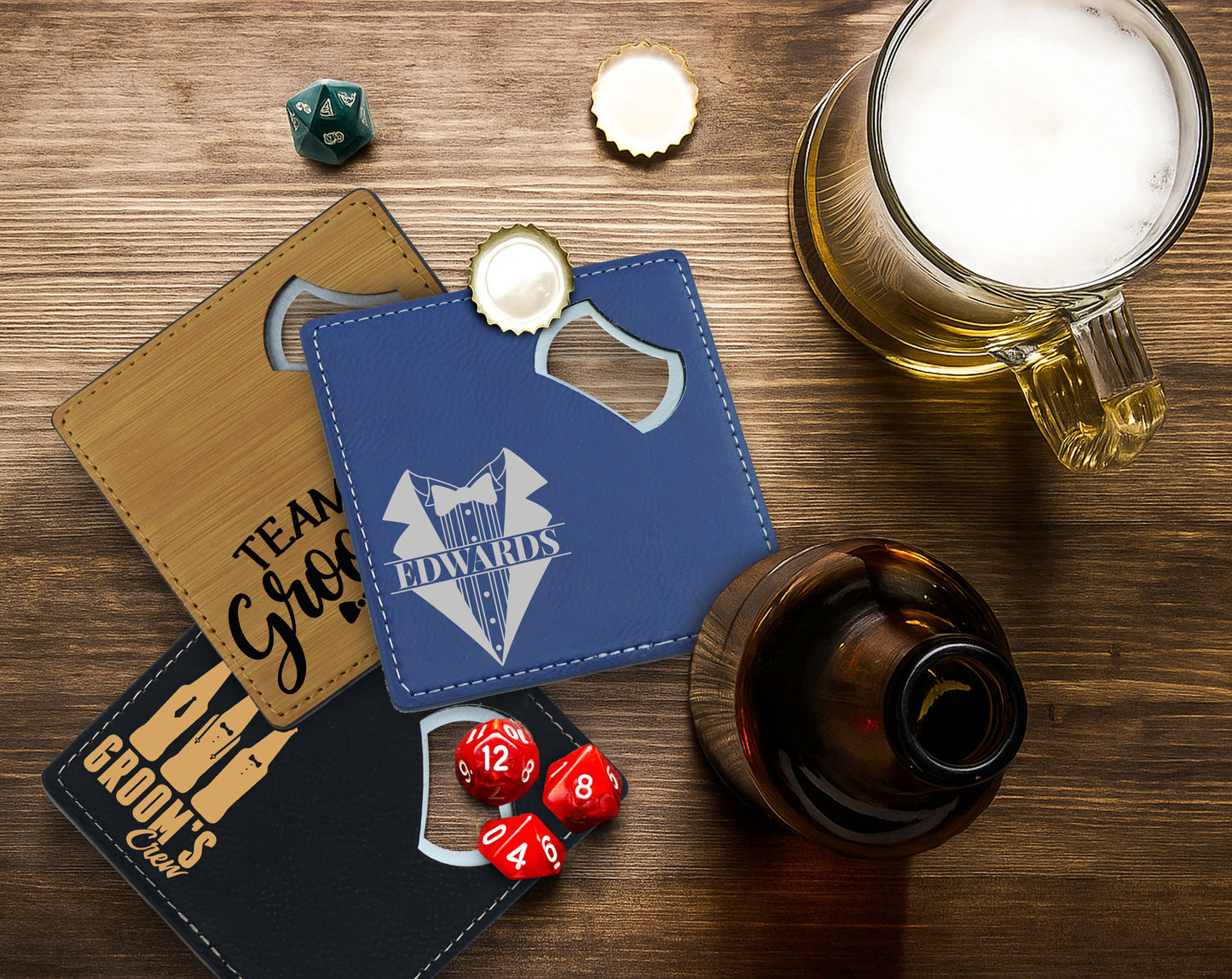 Engraved Groomsmen Gift, Custom Leather and Steel Bottle Opener