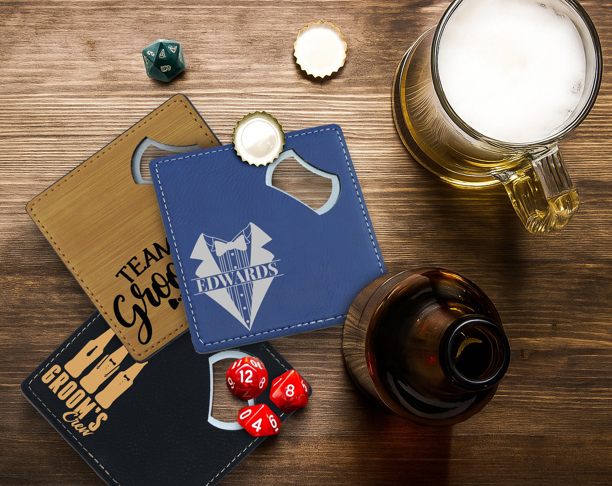 Engraved Groomsmen Gift, Custom Leather and Steel Bottle Opener