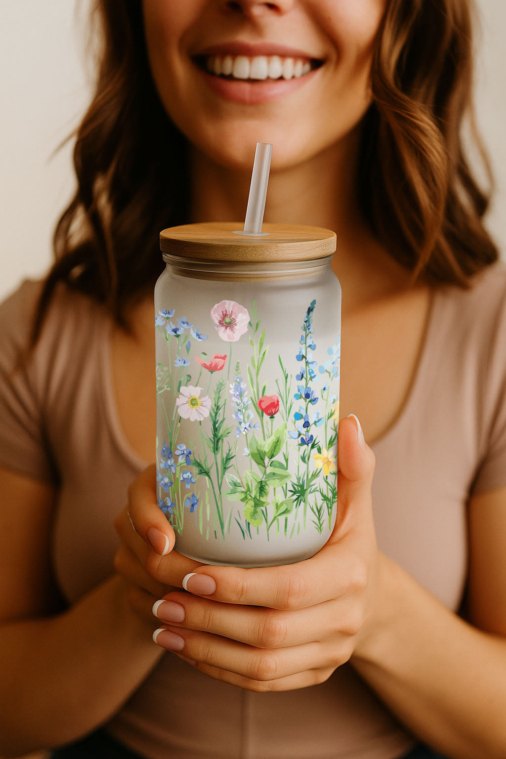 Vibrant Wild Flowers Glass Tumbler, Eco-Friendly Bamboo Lid Cup