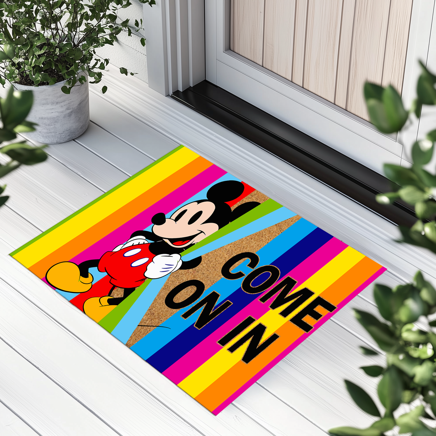 Mickey Rainbow Doormat: Cute Entry Rug for Disney Fans.