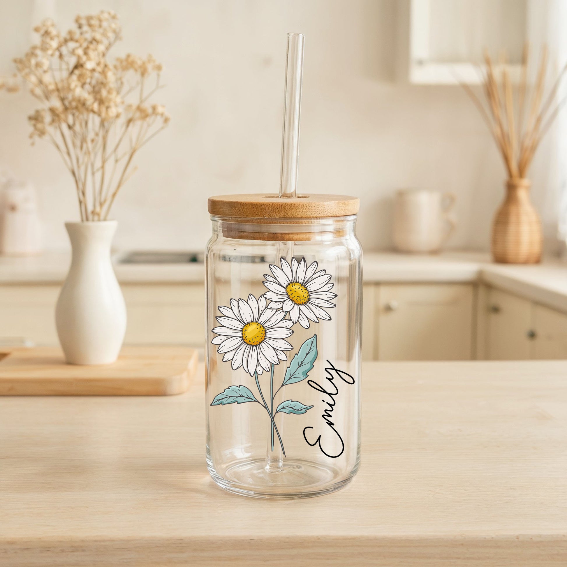 Personalized Birth Month Flower Can Glass, Eco-Friendly Floral Tumbler