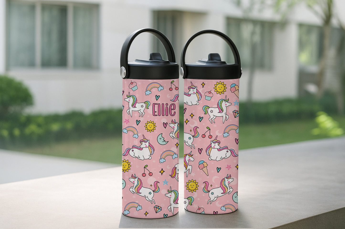 Custom Pink Tumbler, Pony Rainbow Water Bottle - Back To School