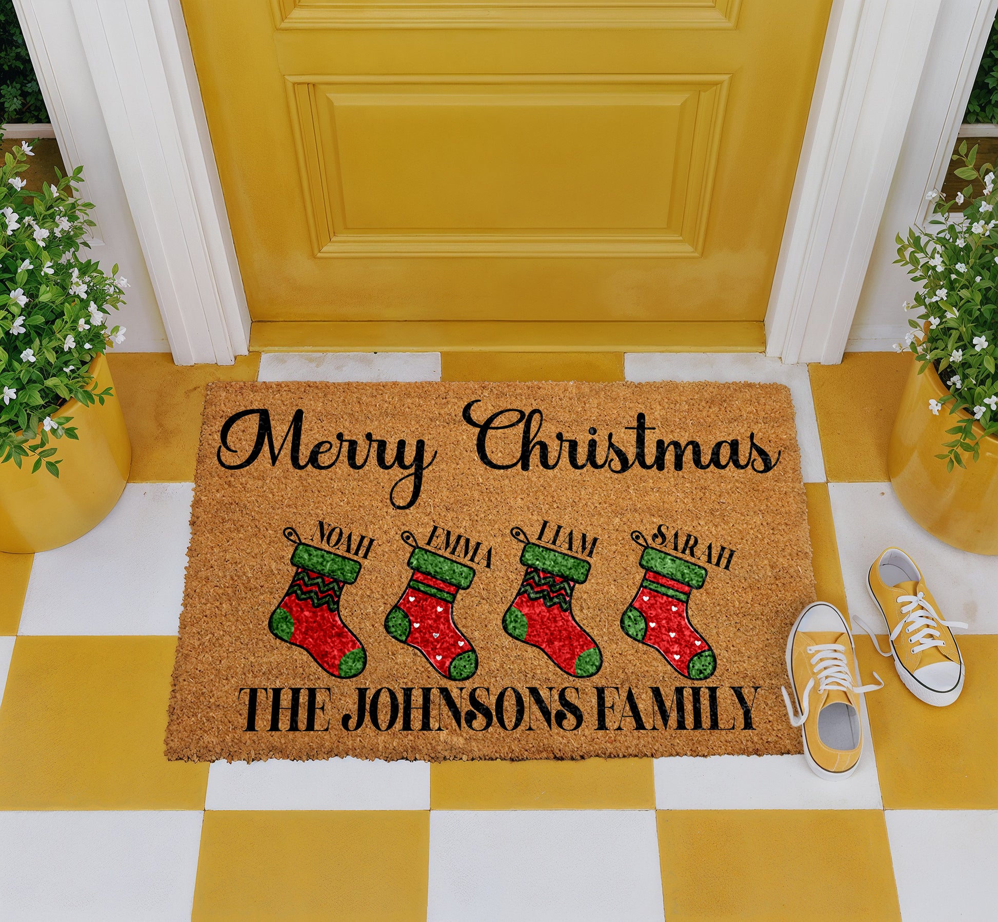 Custom Family Names Stocking Welcome Mat, Holiday Home Entrance Decor