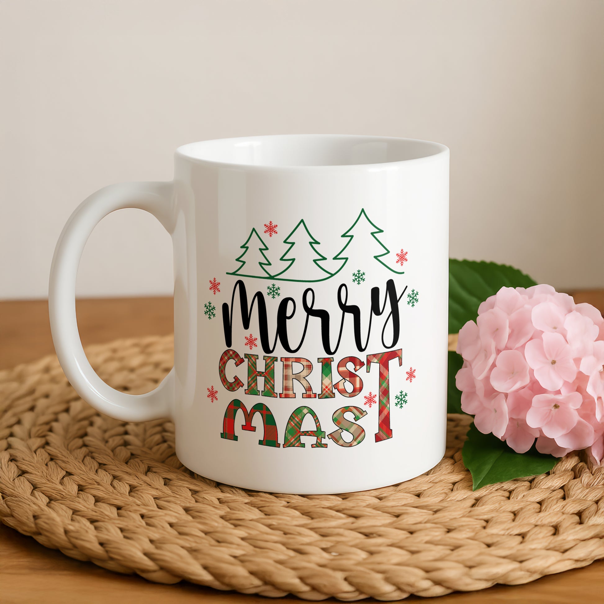 Plaid Pattern Merry Christmas Coffee Mug, Rustic Xmas Office Cup