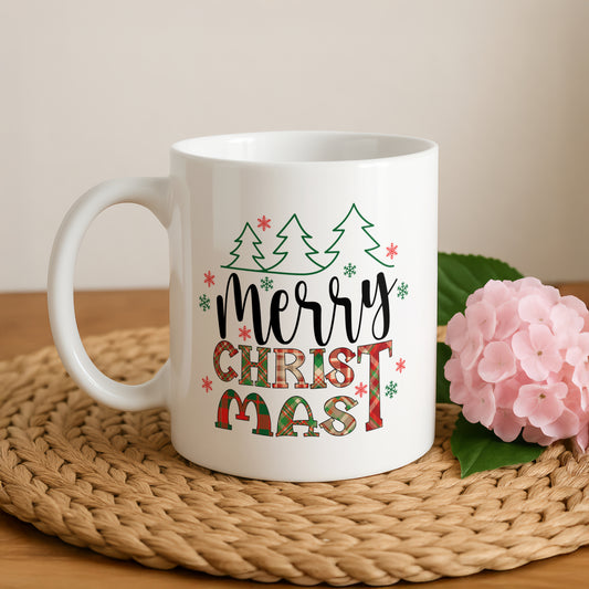 Plaid Pattern Merry Christmas Coffee Mug, Rustic Xmas Office Cup
