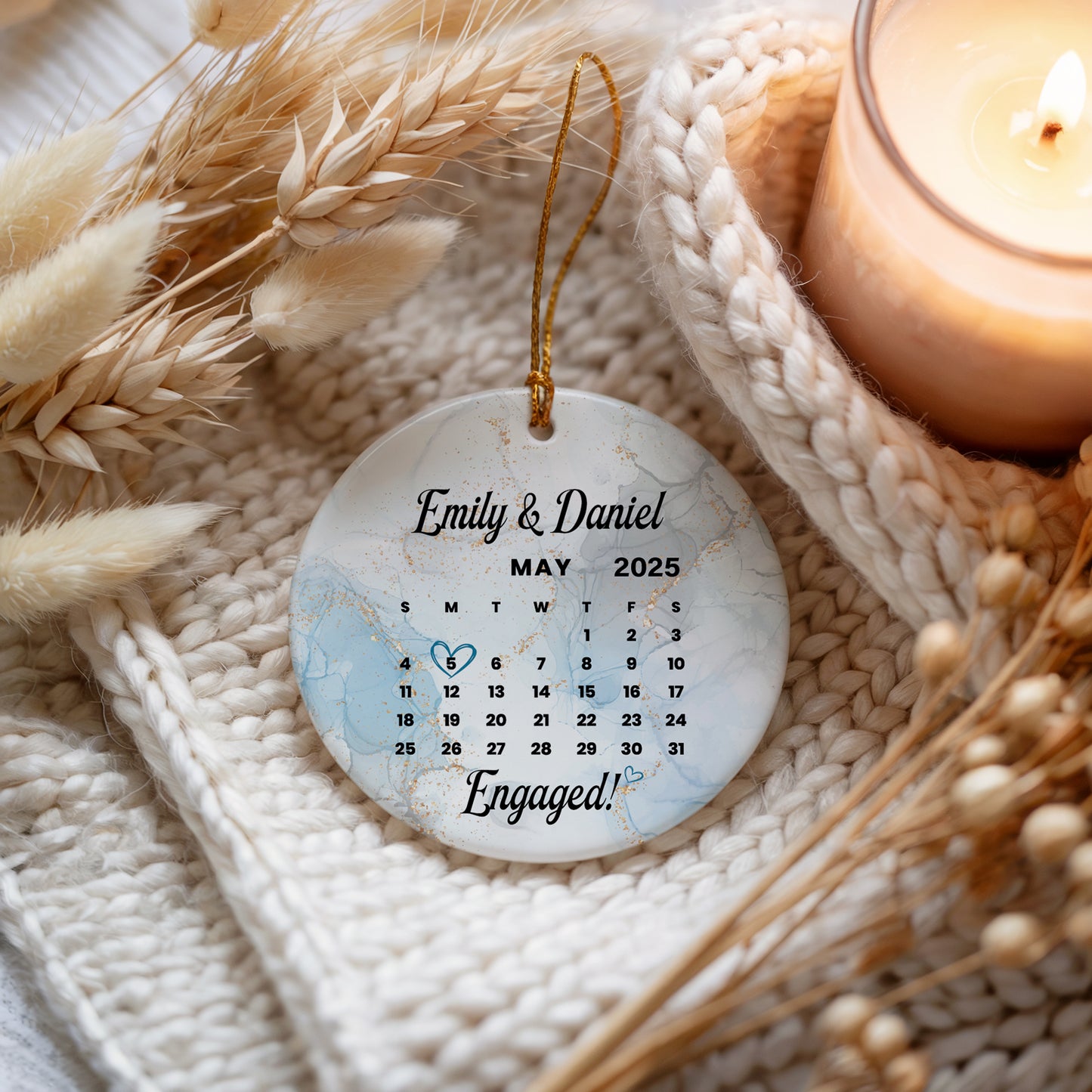 Marble Design Engaged Ornament, Personalized Calendar Theme Engagement Keepsake