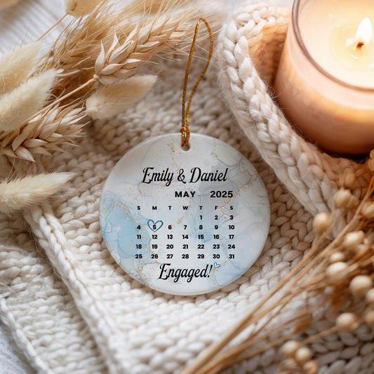 Marble Design Engaged Ornament, Personalized Calendar Theme Engagement Keepsake
