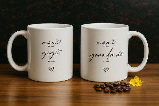 Personalized Grandma Established, Minimal Hearts Coffee Mug, Aesthetic Pregnancy Announcement
