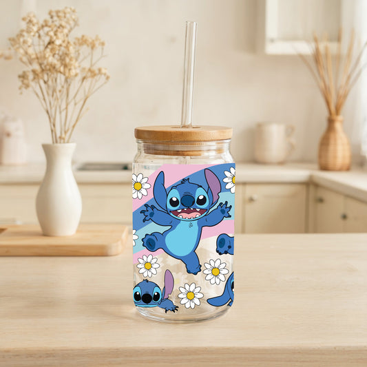 Cute Disney Lover Glass Tumbler, Stitch, Aesthetic Iced Tea Cup