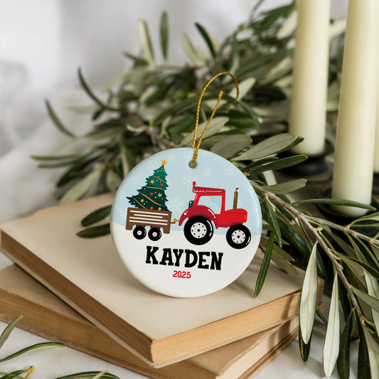 Red Tractor Ceramic Ornament, Baby's First Christmas Keepsake, Personalized Decoration