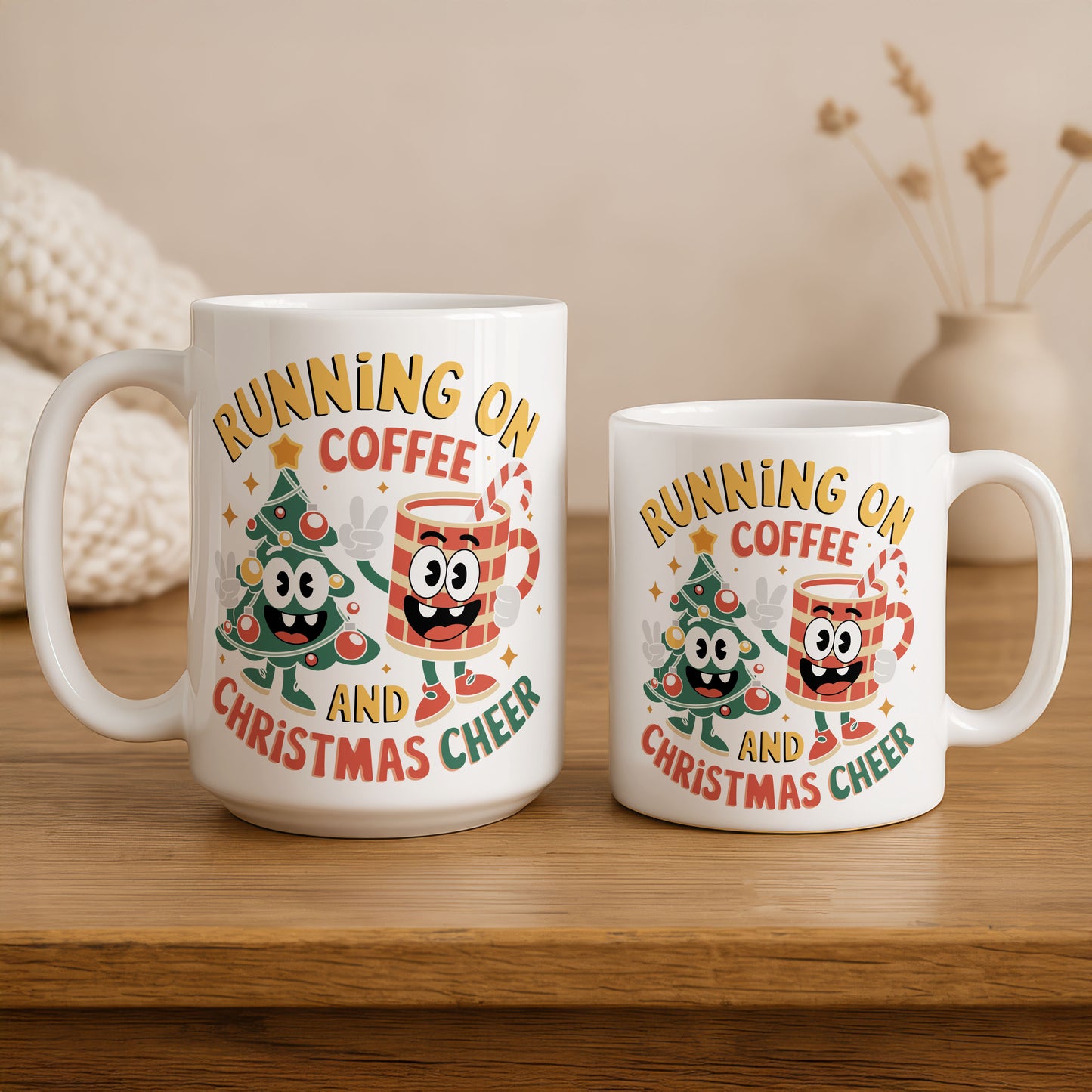 Christmas Cheer Ceramic Mug, Running On Coffee, Funny Festive Cup