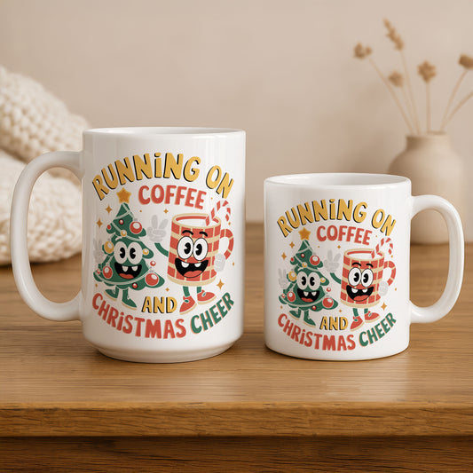 Christmas Cheer Ceramic Mug, Running On Coffee, Funny Festive Cup