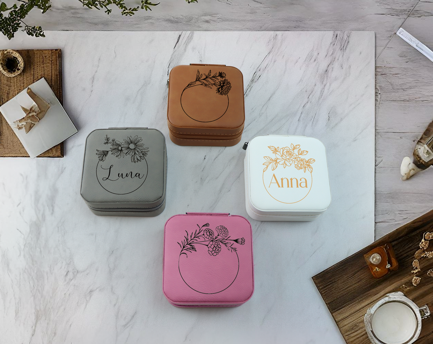 Personalized Leather Jewelry Case with Flower Design, Ideal Bridesmaid Gift