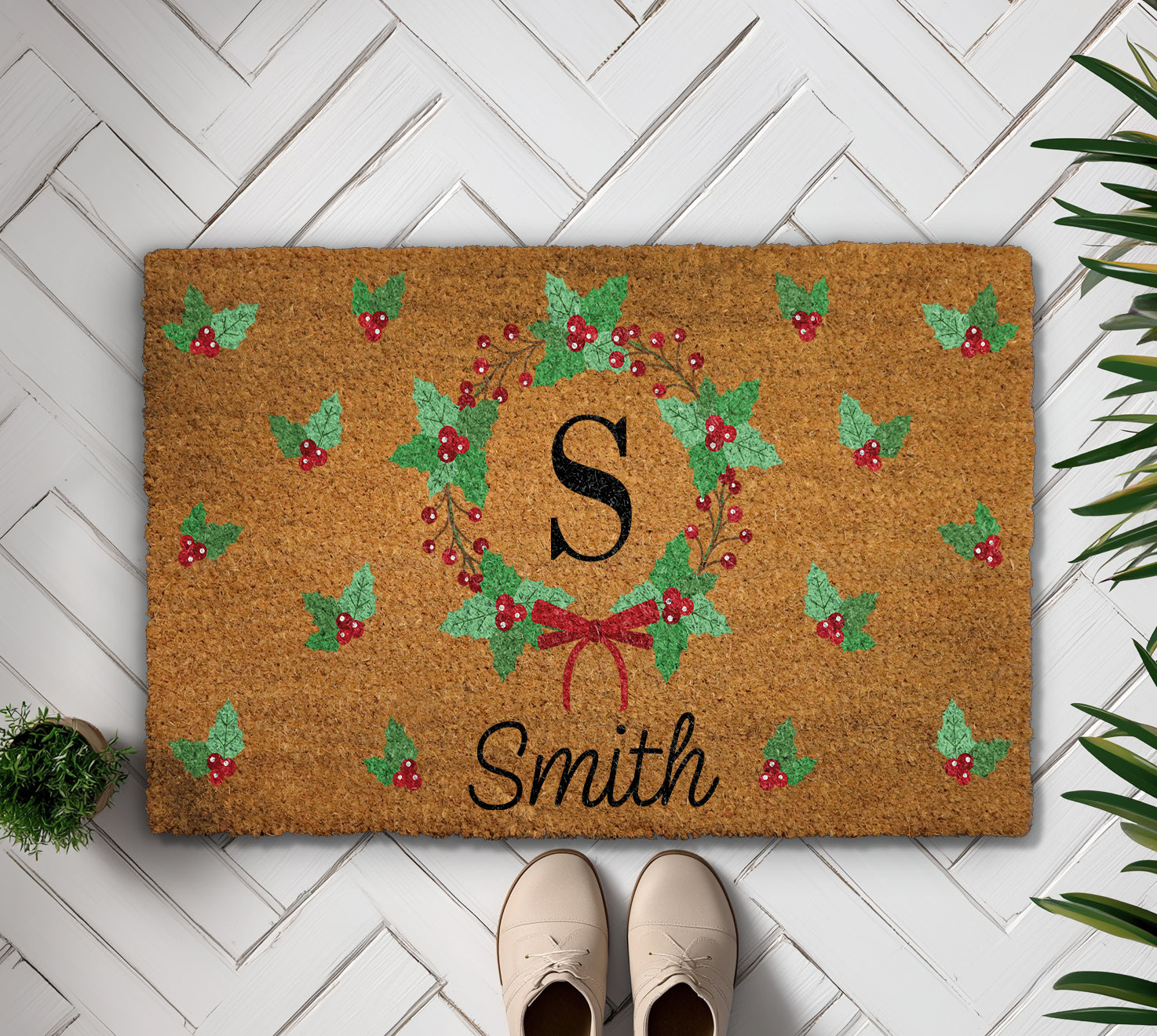 Festive Christmas Doormat with Custom Initial & Family Name
