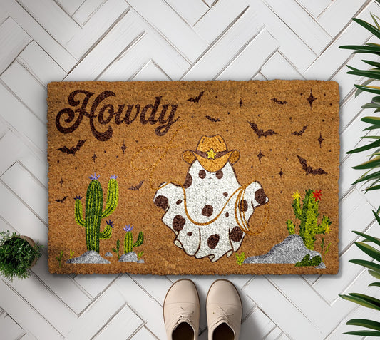 Ghostly Howdy! Spooky Cowboy Welcome Mat, Perfect for Halloween Decor
