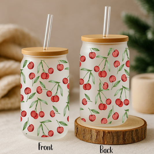 Trendy Cherry Tumbler, Bamboo Lid, Eco-Friendly, Summer Smoothie Cup
