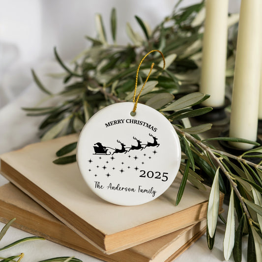 Personalized Santa Sleigh Ceramic Ornament, Festive Merry Xmas Tree Decoration