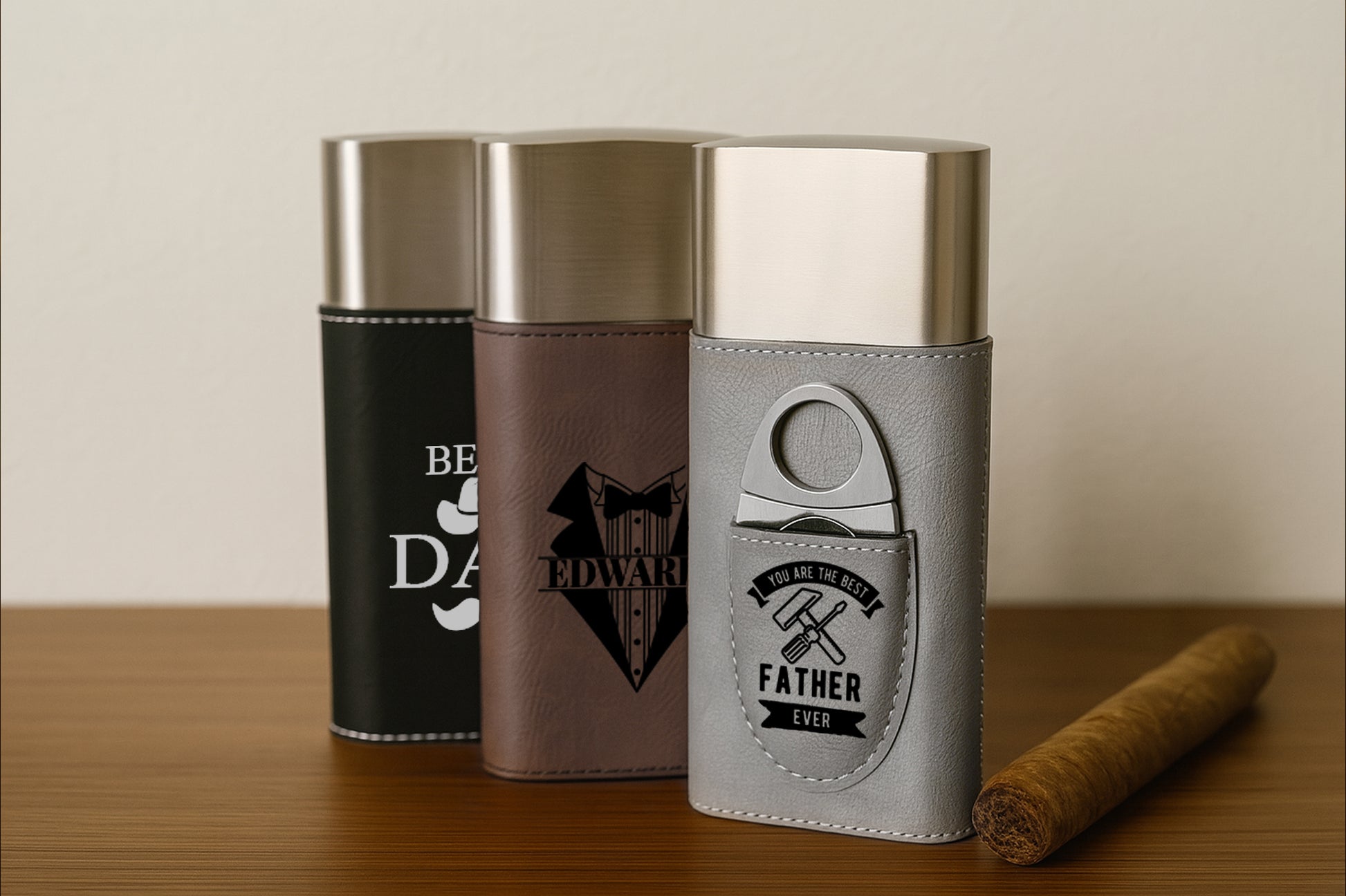 Custom Vegan Leather Cigar Case, Engraved Groomsmen Gift & Cutter